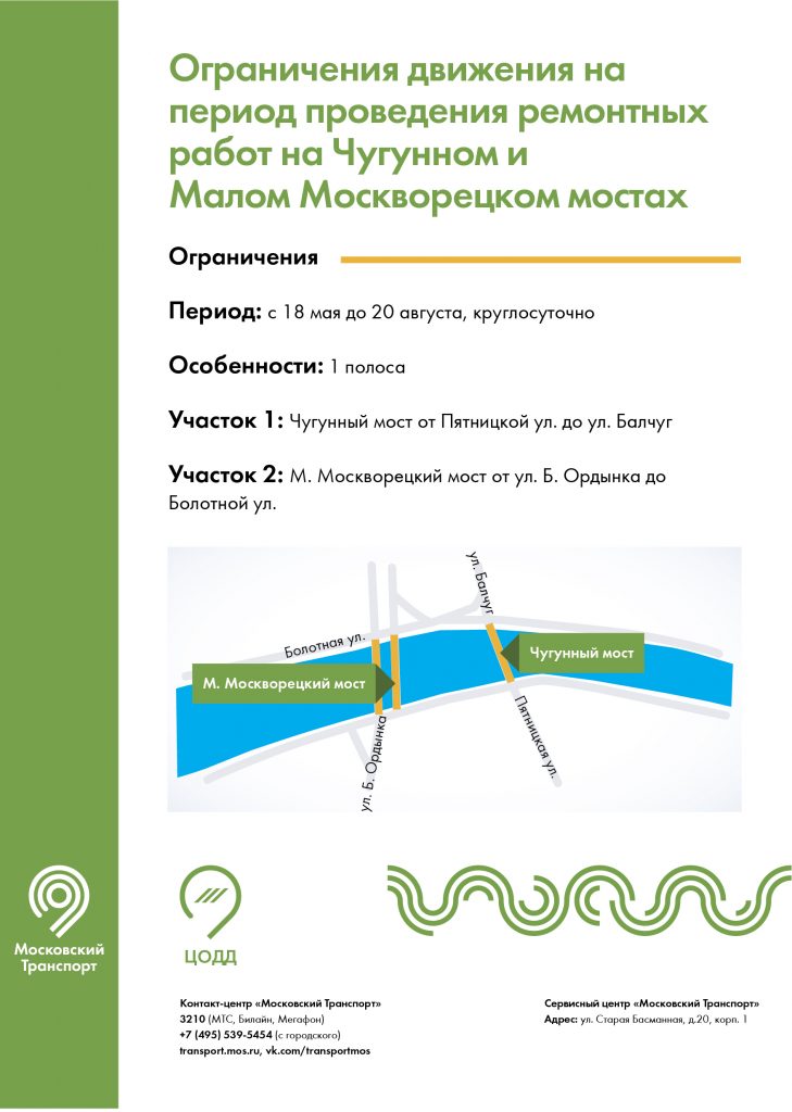 Движение транспорта на Чугунном и Малом Москворецком мостах ограничили до 20 августа