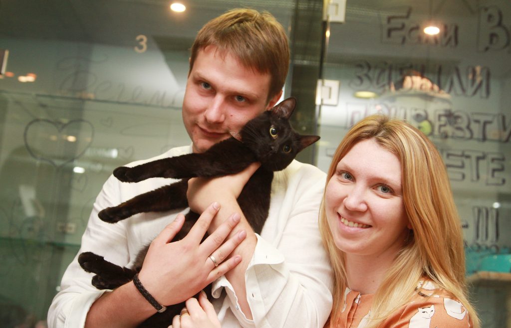 Совладелец отеля для кошек Влад Утушкин, его жена Наталья и кот Бегемот. Влад уверен, что необходимо набрать столько персонала, чтобы внимания хватило каждому четвероногому постояльцу необычной гостиницы