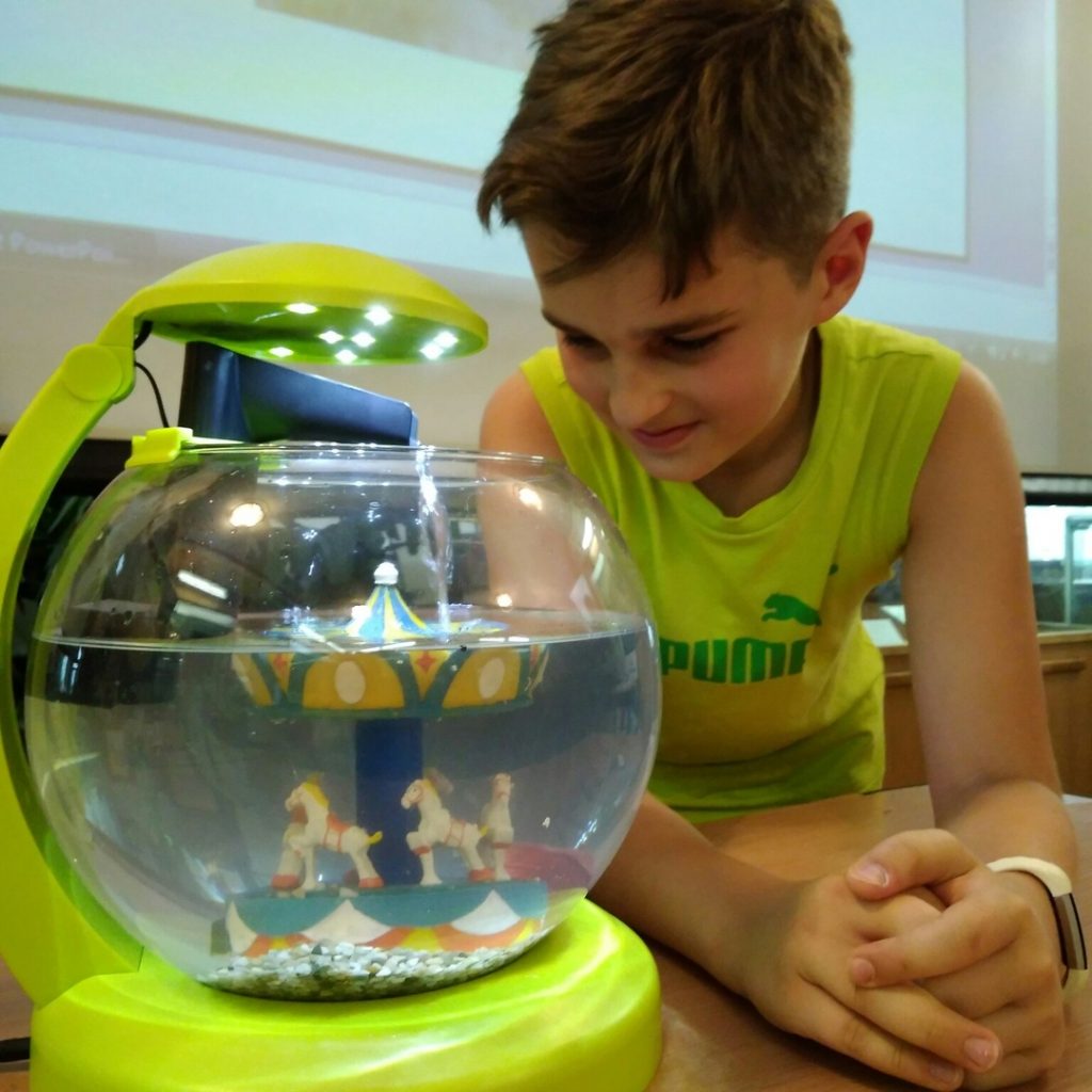 Миша Драганюк с новым аквариумом. Фото: пресс-служба музея имени Тимирязева