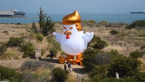 Инсталляция не первый раз используется американскими акционистами. Фото: скриншот "Trump Chicken Inflation", YouTube