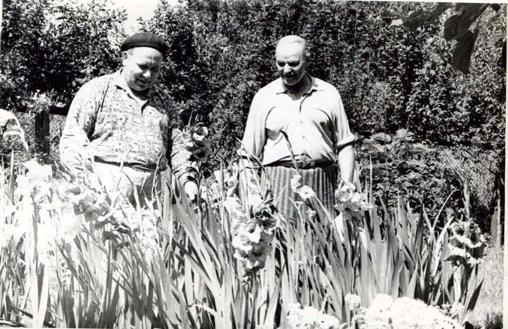 Около 1980 года. Павел Травников (слева) показывает сад соседу.