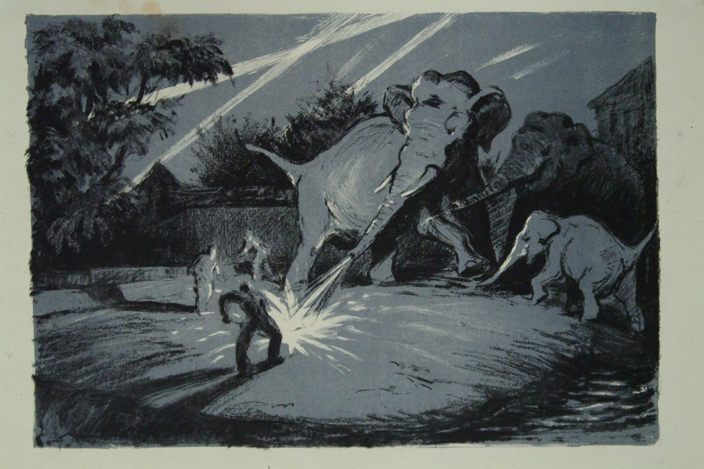 Картина «Воздушная тревога в Зоопарке», автор Владимир Вадимович Трофимов, 1942 год. Фото предоставили в архиве Московского зоопарка