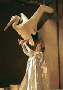Легендарная дрессировщица Наталья Дурова выступает на сцене с пеликанами. Именно их в детстве испугалась ее маленькая племянница Наташа. Фото 1996 года. Фото: Владимир Яцин, ТАСС